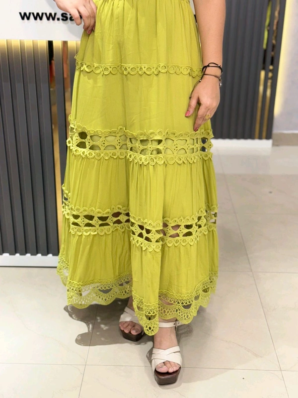 SKU 2120 Elegant Dress With Lace Detailing And Belt - Free Size M To Xl, Green