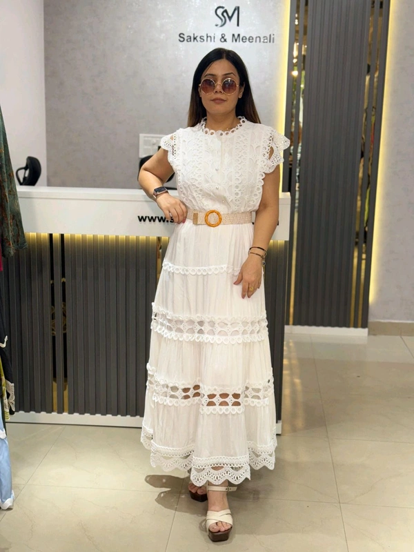 SKU 2120 Elegant Dress With Lace Detailing And Belt - Free Size M To Xl, White