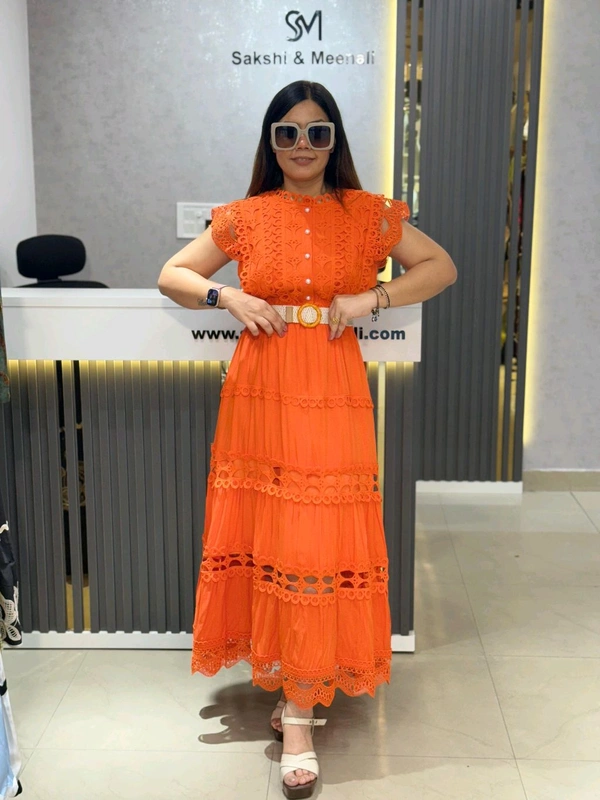 SKU 2120 Elegant Dress With Lace Detailing And Belt - Free Size M To Xl, Orange