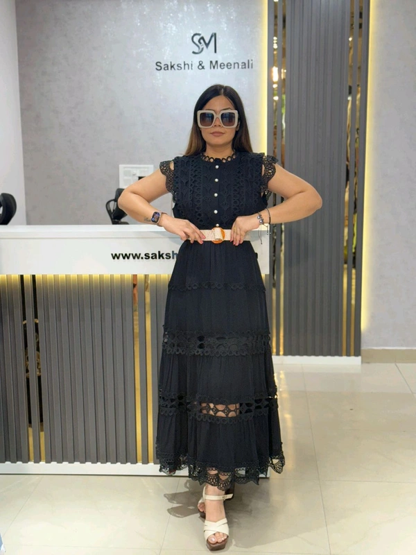 SKU 2120 Elegant Dress With Lace Detailing And Belt - Free Size M To Xl, Black