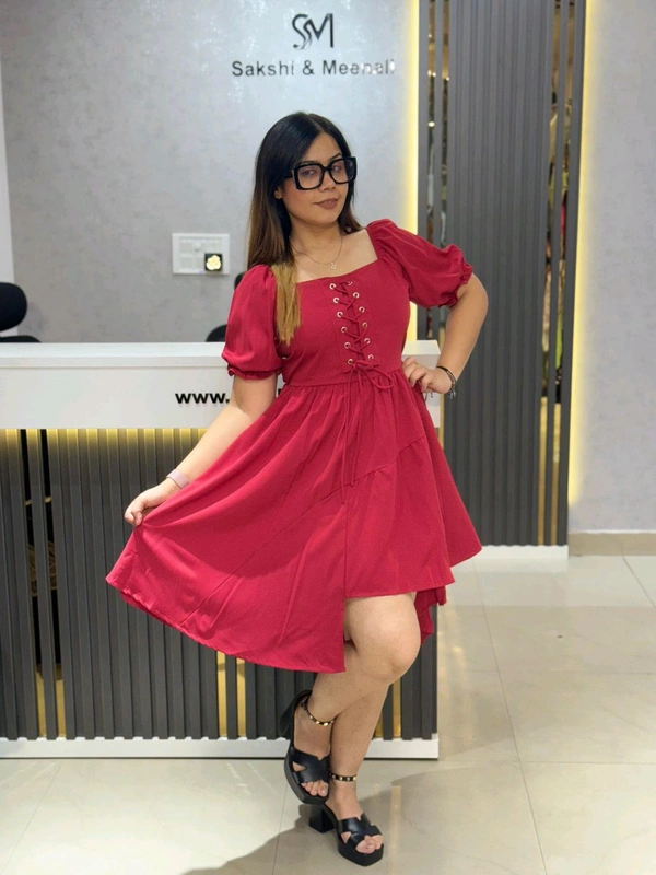 SKU 2124 Elegant Lace-Up High-Low Dress - Free Size M To XL, Cherry Red