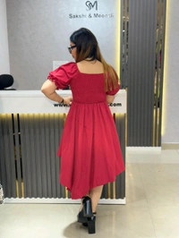 SKU 2124 Elegant Lace-Up High-Low Dress - Free Size M To XL, Cherry Red