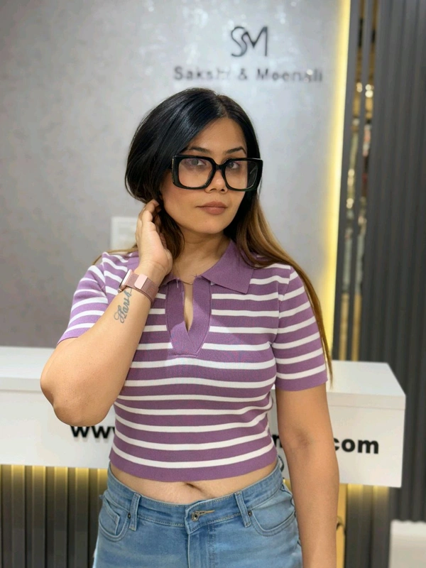SKU 2123 Beautiful Knitted Top With Stripes - Free Size M To XL, Purple