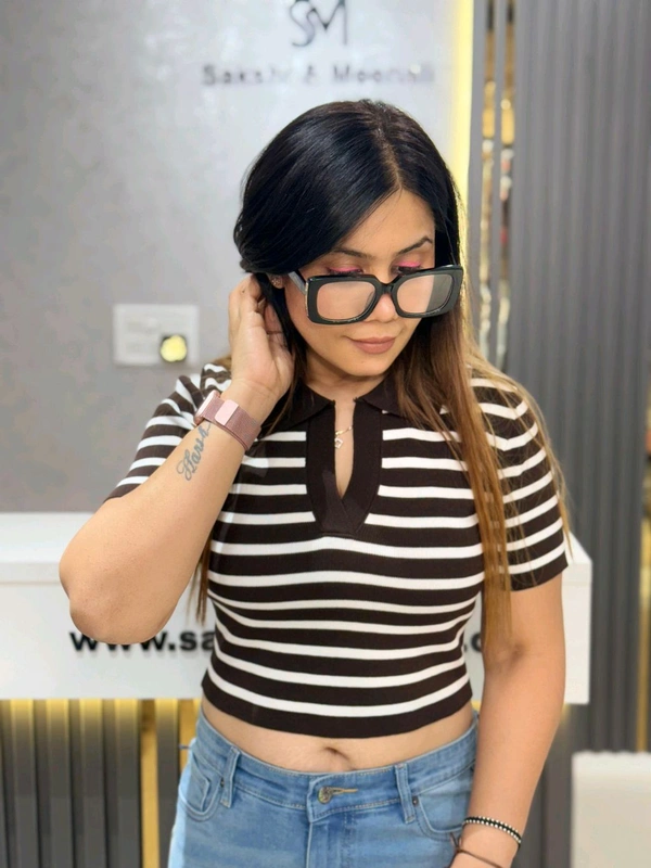SKU 2123 Beautiful Knitted Top With Stripes - Free Size M To XL, Brown