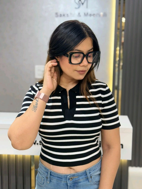 SKU 2123 Beautiful Knitted Top With Stripes - Free Size M To XL, Black
