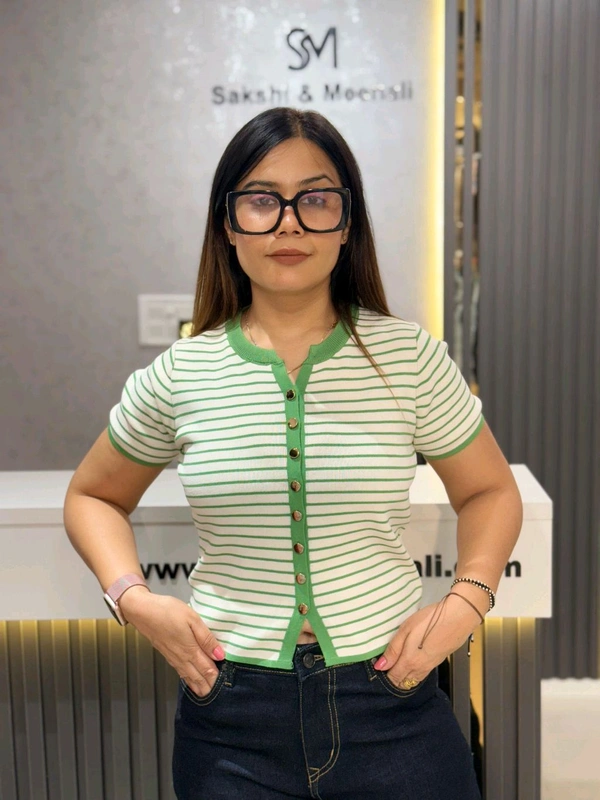 SKU 2125 Beautiful Knitted Top With Stripes - Free Size M To XL, Green