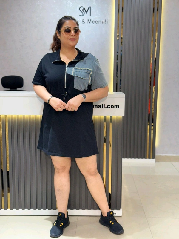 SKU 2133 Elegant Denim Dress With String  - Free Size M To XXl, Black