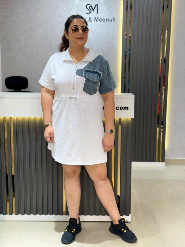 SKU 2133 Elegant Denim Dress With String  - Free Size M To XXl, White