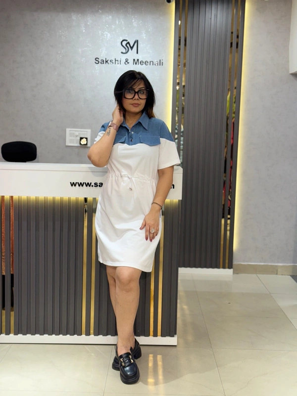 SKU 2128 Elegant Denim Dress With String  - Free Size M To XXl, White