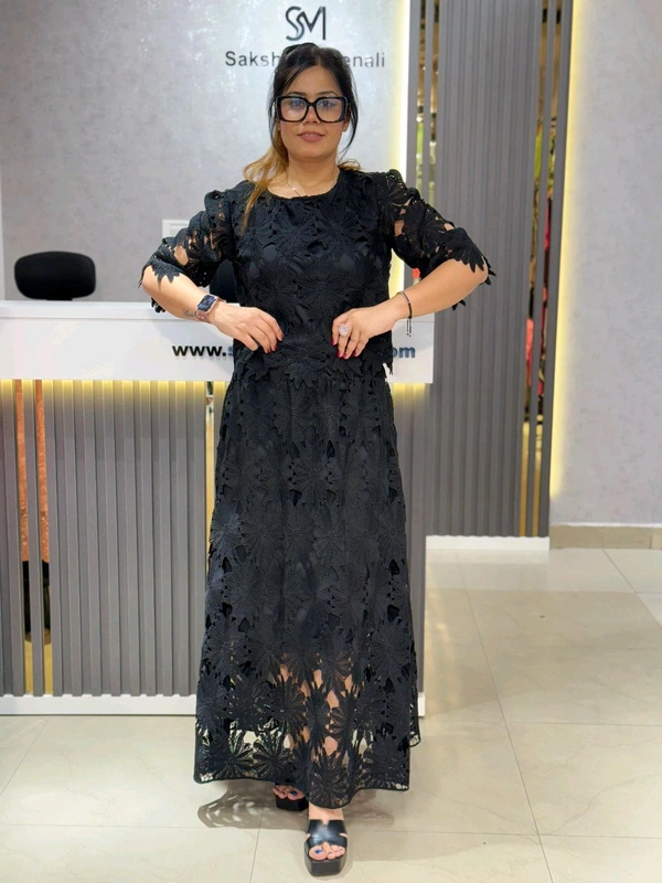 SKU 2091 Beautiful Skirt Top With Hakoba Detailing  - Free Size M To XXL, Black