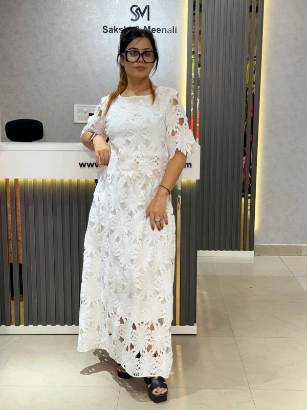 SKU 2091 Beautiful Skirt Top With Hakoba Detailing  - Free Size M To XXL, White