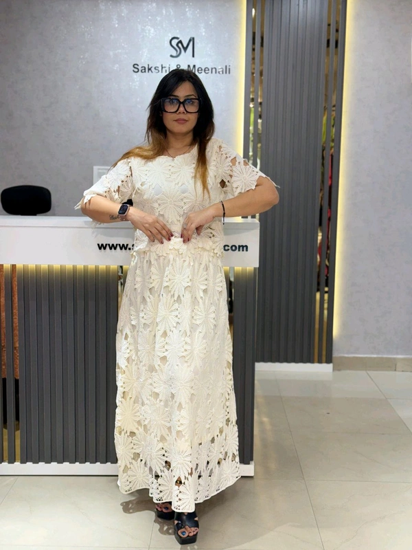 SKU 2091 Beautiful Skirt Top With Hakoba Detailing  - Free Size M To XXL, Cream