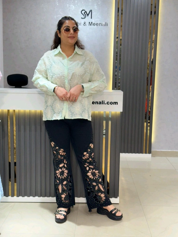 SKU 2131 Mint Bloom Embroidered Sheer Shirt - Mint GREEN, Free Size M To XXXL