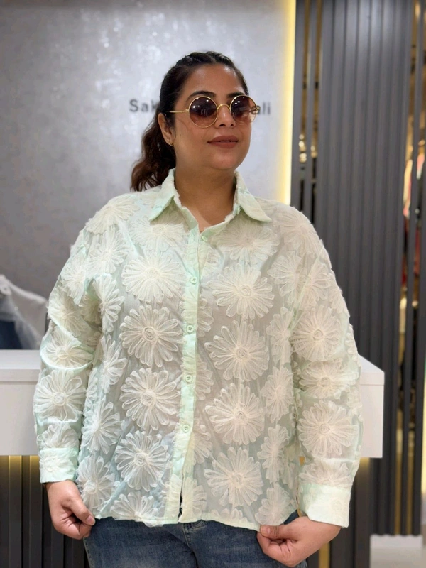 SKU 2131 Mint Bloom Embroidered Sheer Shirt - Mint GREEN, Free Size M To XXXL