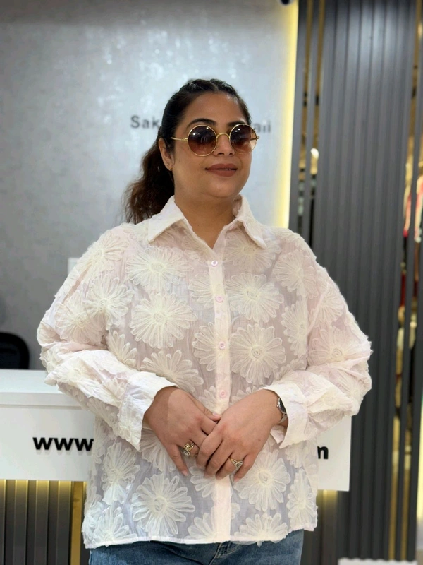 SKU 2131 Blush Pink Embroidered Sheer Shirt - Free Size M To XXXL, Pink