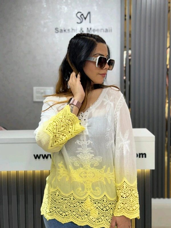 SKU 2136 Ombre Embroidered Elegance Top with Cutwork Detailing - Lemon, Free Size M TO XL