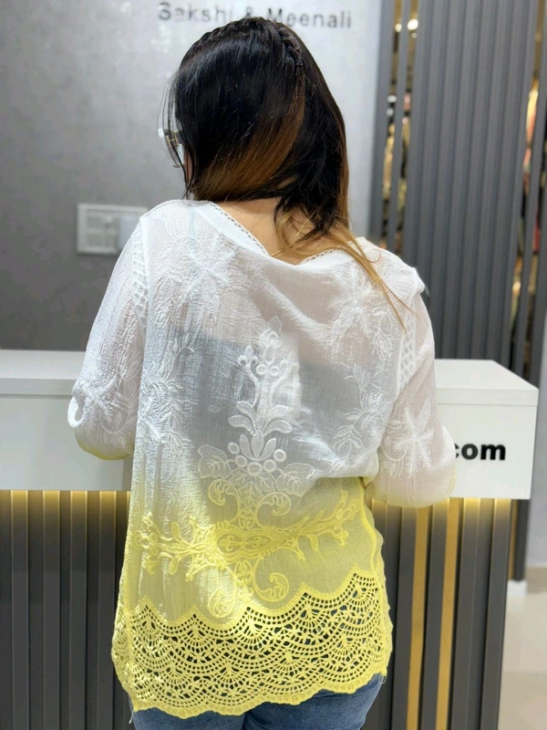 SKU 2136 Ombre Embroidered Elegance Top with Cutwork Detailing - Lemon, Free Size M TO XL