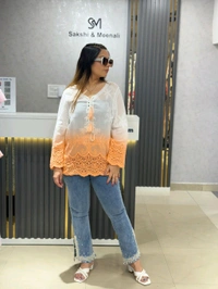SKU 2136 Ombre Embroidered Elegance Top with Cutwork Detailing - Free Size M TO XL, Orange