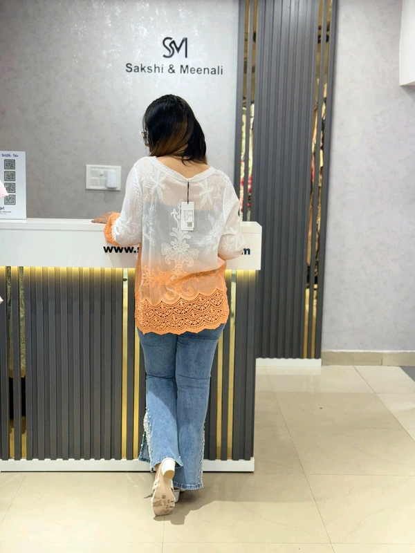 SKU 2136 Ombre Embroidered Elegance Top with Cutwork Detailing - Free Size M TO XL, Orange