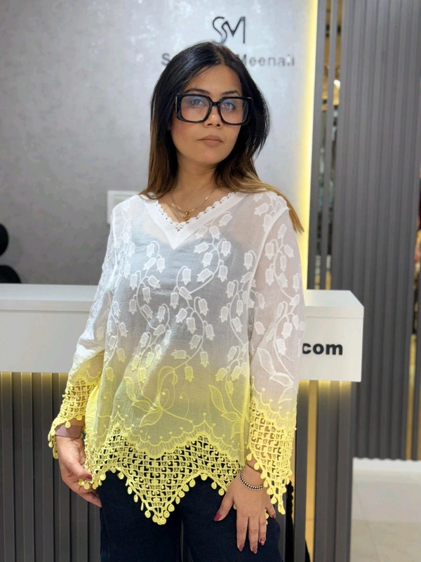 SKU 2137 Ombre Embroidered Elegance Top with Cutwork Detailing - Free Size M TO XL, Yellow