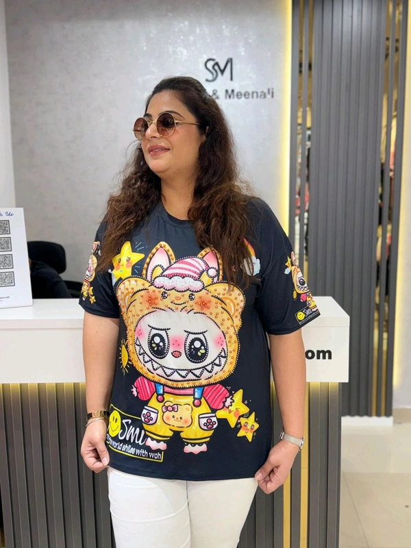 SKU 2140 Beautiful Tee With Labubu And Pearl Detailing  - Black, Free Size M To XXL