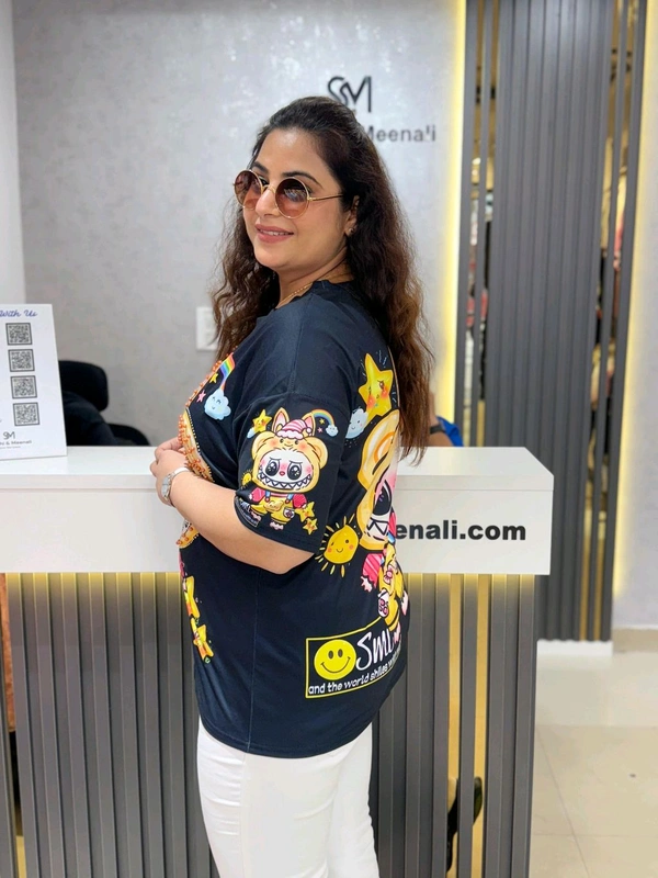 SKU 2140 Beautiful Tee With Labubu And Pearl Detailing  - Black, Free Size M To XXL