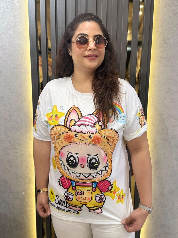 SKU 2140 Beautiful Tee With Labubu And Pearl Detailing  - Free Size M To XXL, White