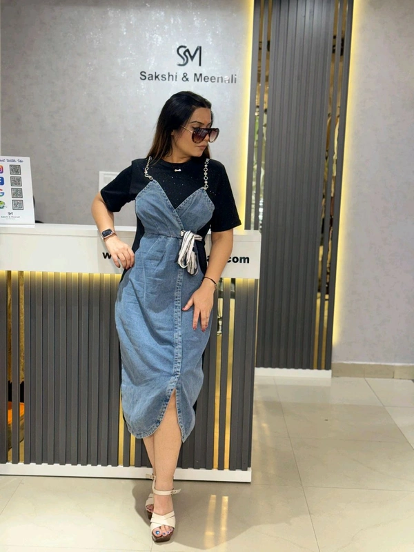 SKU 2058 Elegant Denim Dress - Free Size M To XXL, Black