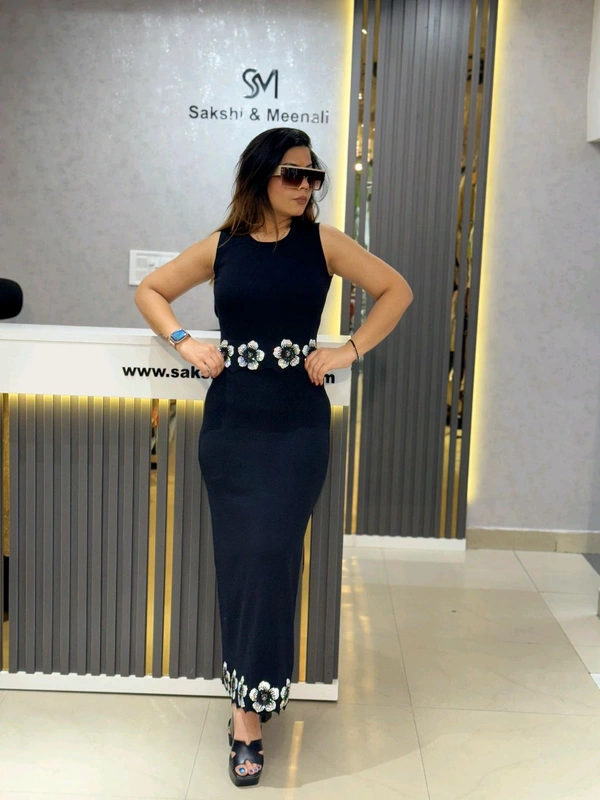 SKU 2151 Elegant Dress With Flower Detailing  - Free Size M To XXL, Black