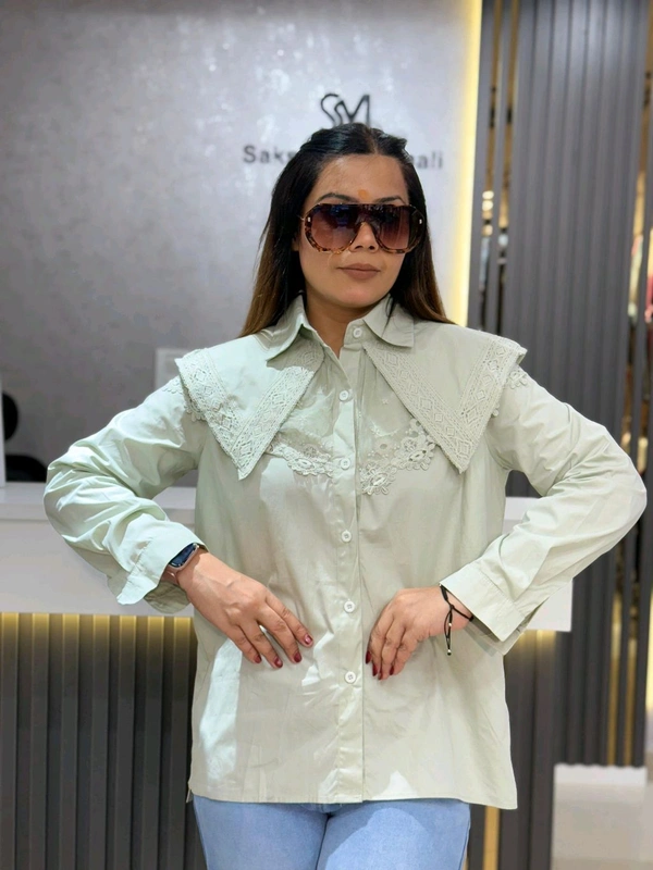 SKU 2147 Pastel Charm: Statement Collar Shirt - Pastel Green, Free Size M To XL
