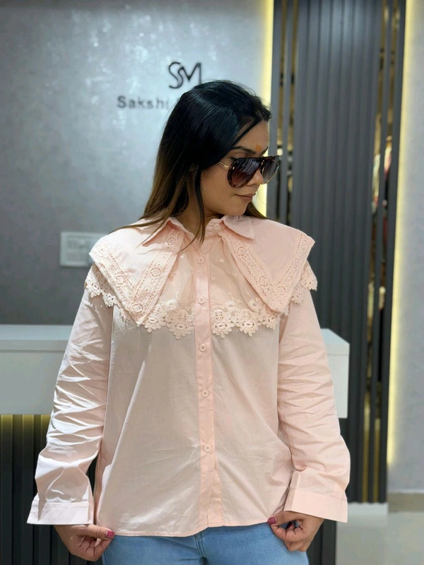 SKU 2147 Pastel Charm: Statement Collar Shirt - Free Size M To XL, Pastel Pink