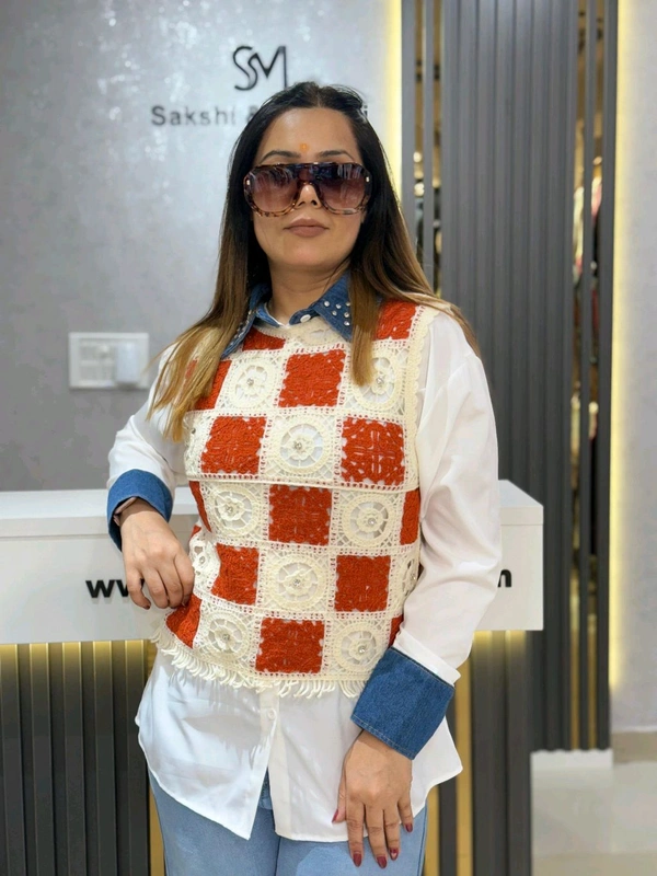 SKU 2148 Beautiful Shirt With Crochet And Stud Detailing  - Free Size M To XL, White With Orange