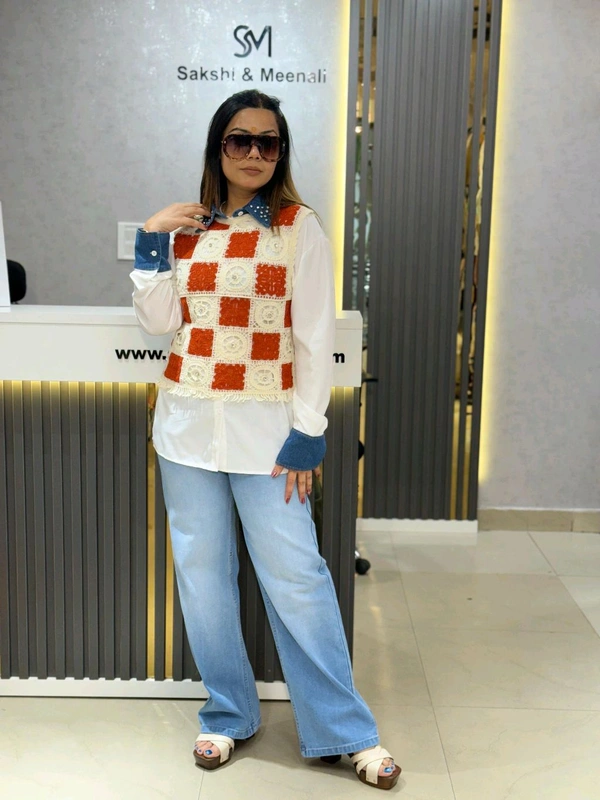 SKU 2148 Beautiful Shirt With Crochet And Stud Detailing  - Free Size M To XL, White With Orange