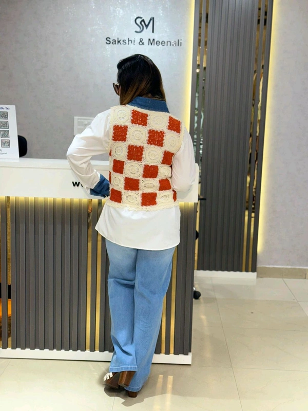 SKU 2148 Beautiful Shirt With Crochet And Stud Detailing  - Free Size M To XL, White With Orange