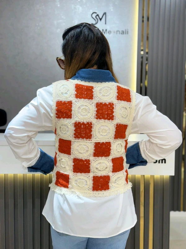 SKU 2148 Beautiful Shirt With Crochet And Stud Detailing  - Free Size M To XL, White With Orange