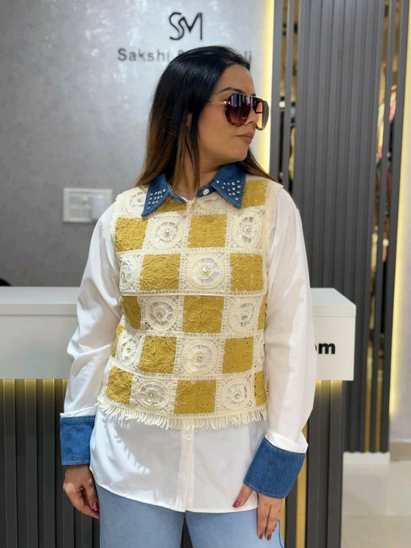 SKU 2148 Beautiful Shirt With Crochet And Stud Detailing  - Free Size M To XL, White With Yellow