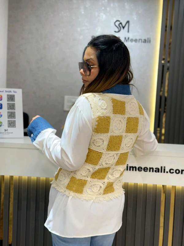 SKU 2148 Beautiful Shirt With Crochet And Stud Detailing  - Free Size M To XL, White With Yellow