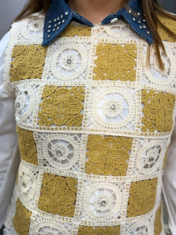 SKU 2148 Beautiful Shirt With Crochet And Stud Detailing  - Free Size M To XL, White With Yellow