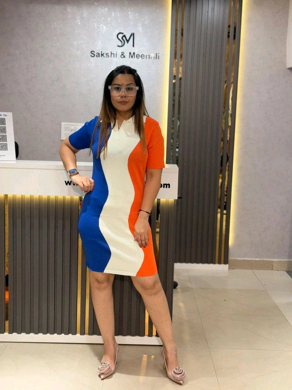 SKU 2149 Beautiful Knitted Dress With 3D Detailing  - Blue White Orange, Free Size M To XXL