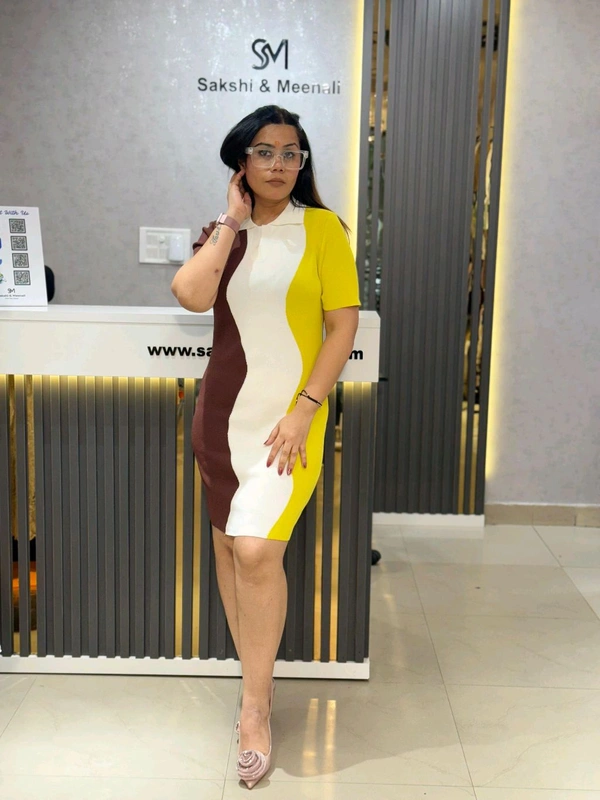 SKU 2149 Beautiful Knitted Dress With 3D Detailing  - Free Size M To XXL, Blue White Yellow