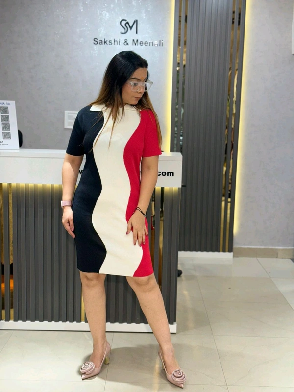 SKU 2149 Beautiful Knitted Dress With 3D Detailing  - Free Size M To XXL, Black White Red