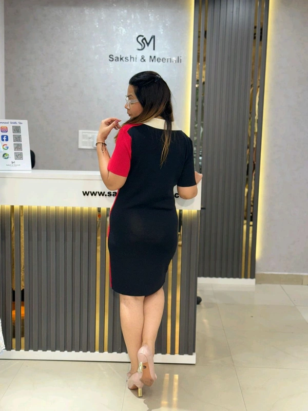 SKU 2149 Beautiful Knitted Dress With 3D Detailing  - Free Size M To XXL, Black White Red