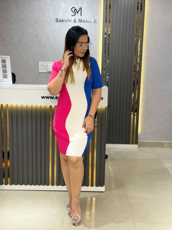 SKU 2149 Beautiful Knitted Dress With 3D Detailing  - Free Size M To XXL, Blue White Pink