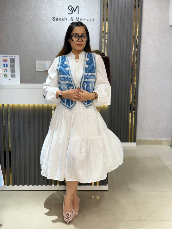 SKU 2152 Beautiful Dress With Denim Jacket  - White, Free Size M To XL