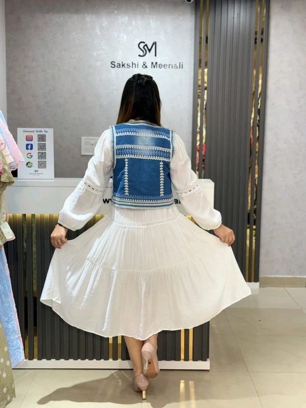 SKU 2152 Beautiful Dress With Denim Jacket  - White, Free Size M To XL