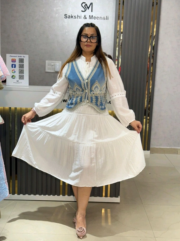 SKU 2152 Beautiful Dress With Denim Jacket  - White, Free Size M To XL