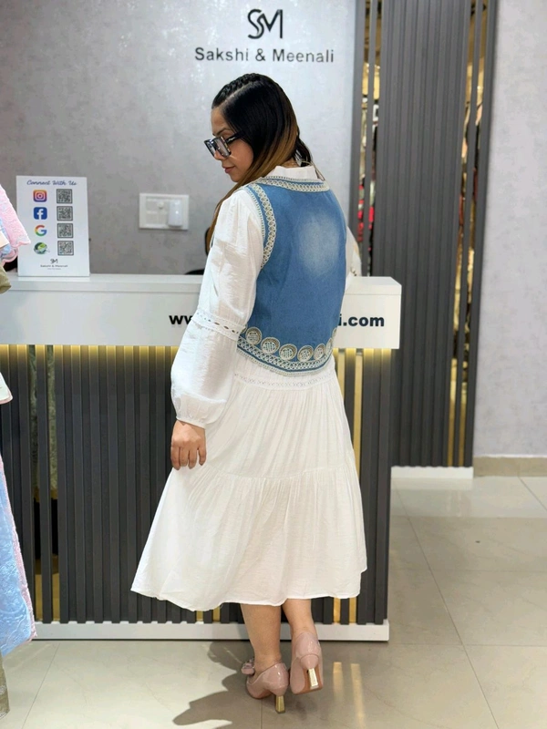 SKU 2152 Beautiful Dress With Denim Jacket  - White, Free Size M To XL