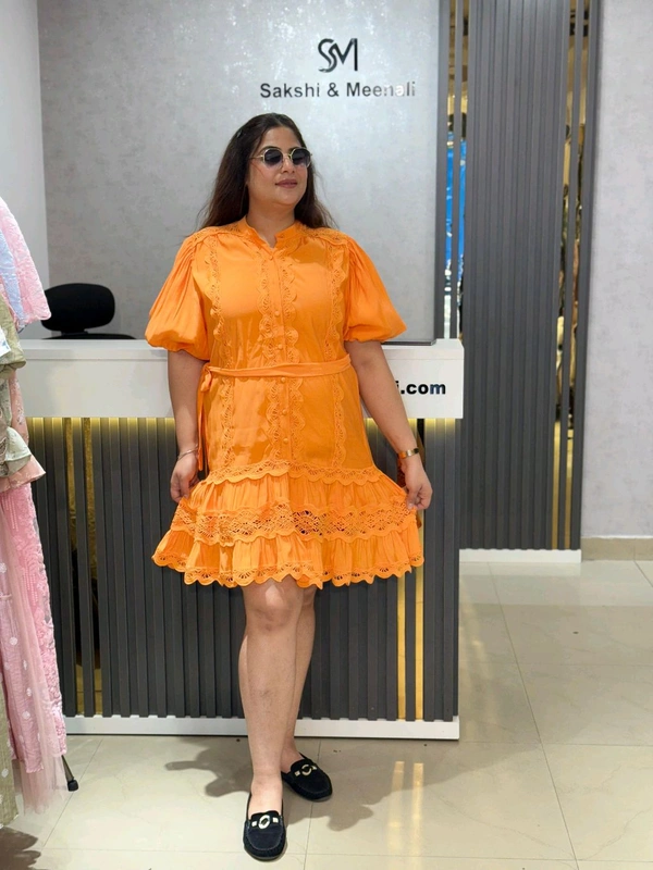 SKU 2153 Beautiful Dress With Inner And Belt - Orange, Free Size M To 3XL