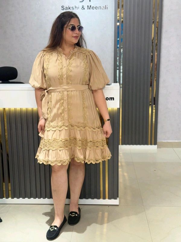 SKU 2153 Beautiful Dress With Inner And Belt - Free Size M To 3XL, Beige
