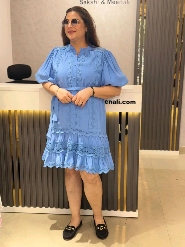SKU 2153 Beautiful Dress With Inner And Belt - Free Size M To 3XL, Blue